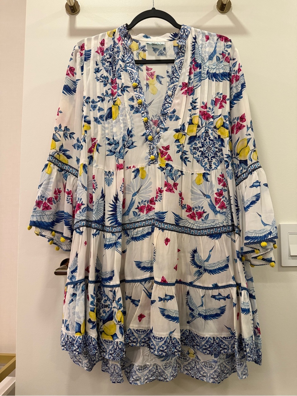 White Floral & Crane Tiered Dress with Blue Print